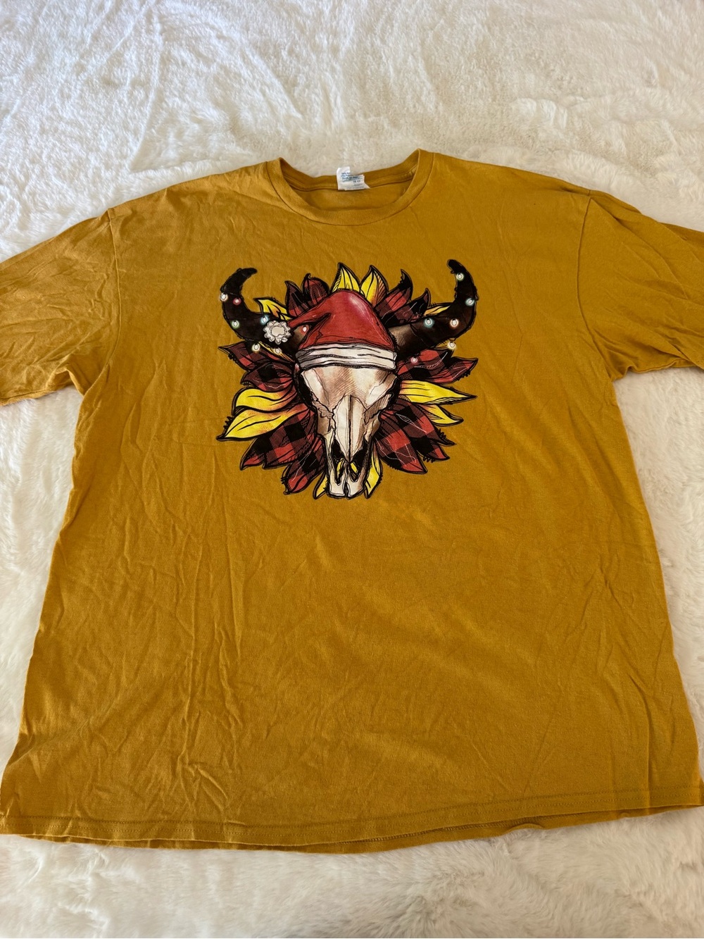 Source Unknown Mustard Yellow Graphic Tee with Skull & Floral Motif
